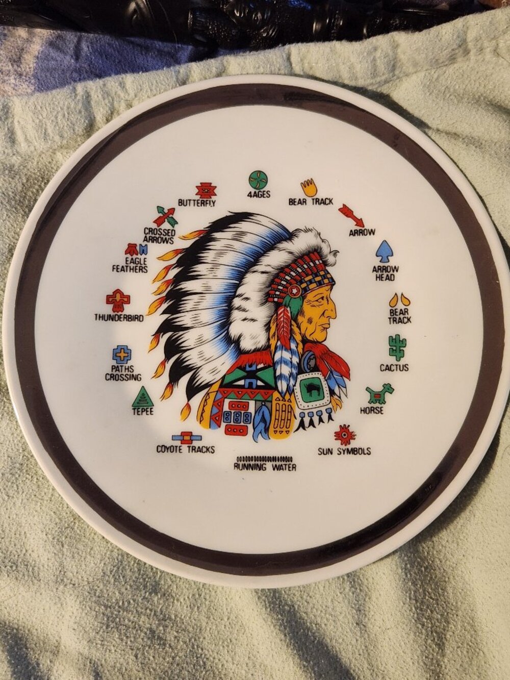 VINTAGE NATIVE AMERICANS DECORATIVE PLATE SYMBOLS WITH DESCRIPTION  6" ROUND